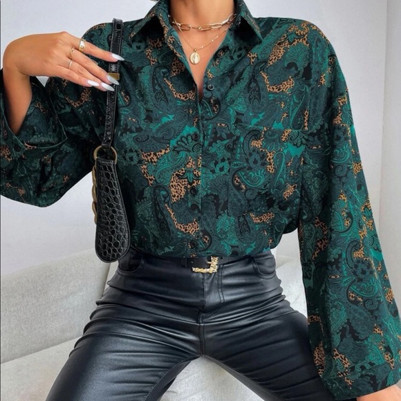 Boho Floral Paisley Print Button Down Shirt Top Blouse Green - Picture 5 of 5